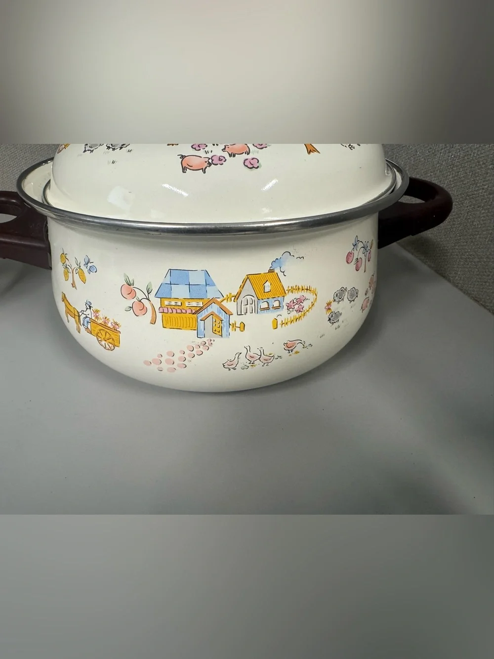 VTG Cottage Core Enamel Cookware Set of 2 Farmhouse Country Scene Pots W/ Lids